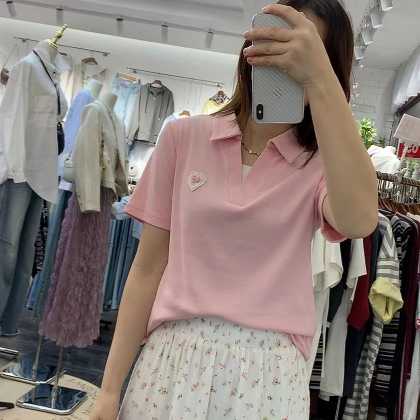 夏季新品翻领纯色简约百搭polo衫短袖T恤小衫打底外穿休闲风遮肉