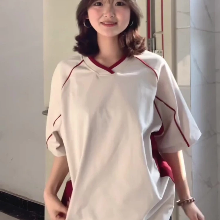 美式复古女款百搭V领短袖T恤女2025夏季潮牌宽松高级感半袖上衣潮