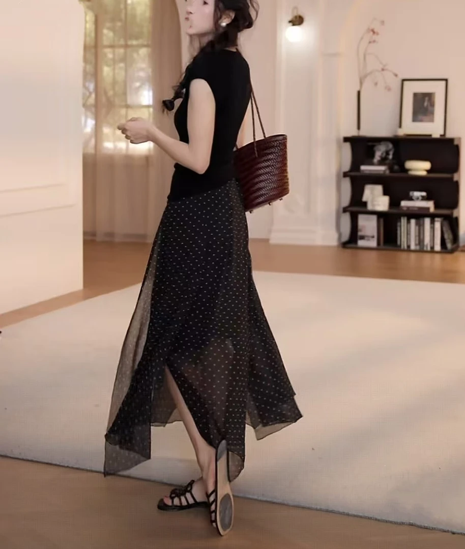夏季高腰休闲松紧腰波点纱裙长裙半身裙