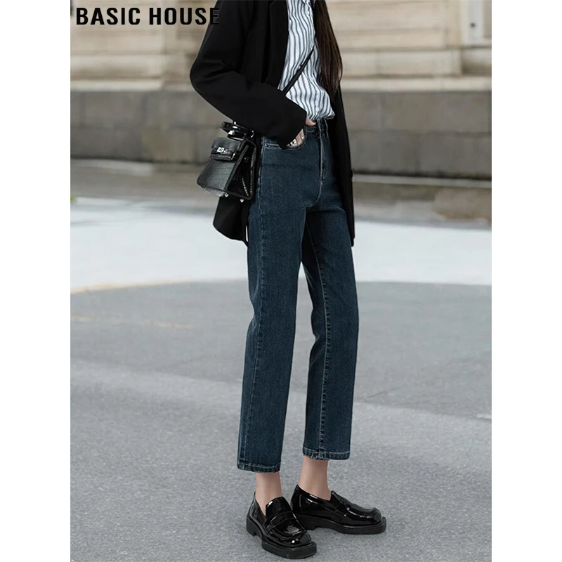 Basic House/百家好小个子九分牛仔裤女早秋蓝灰色高腰直筒烟管裤