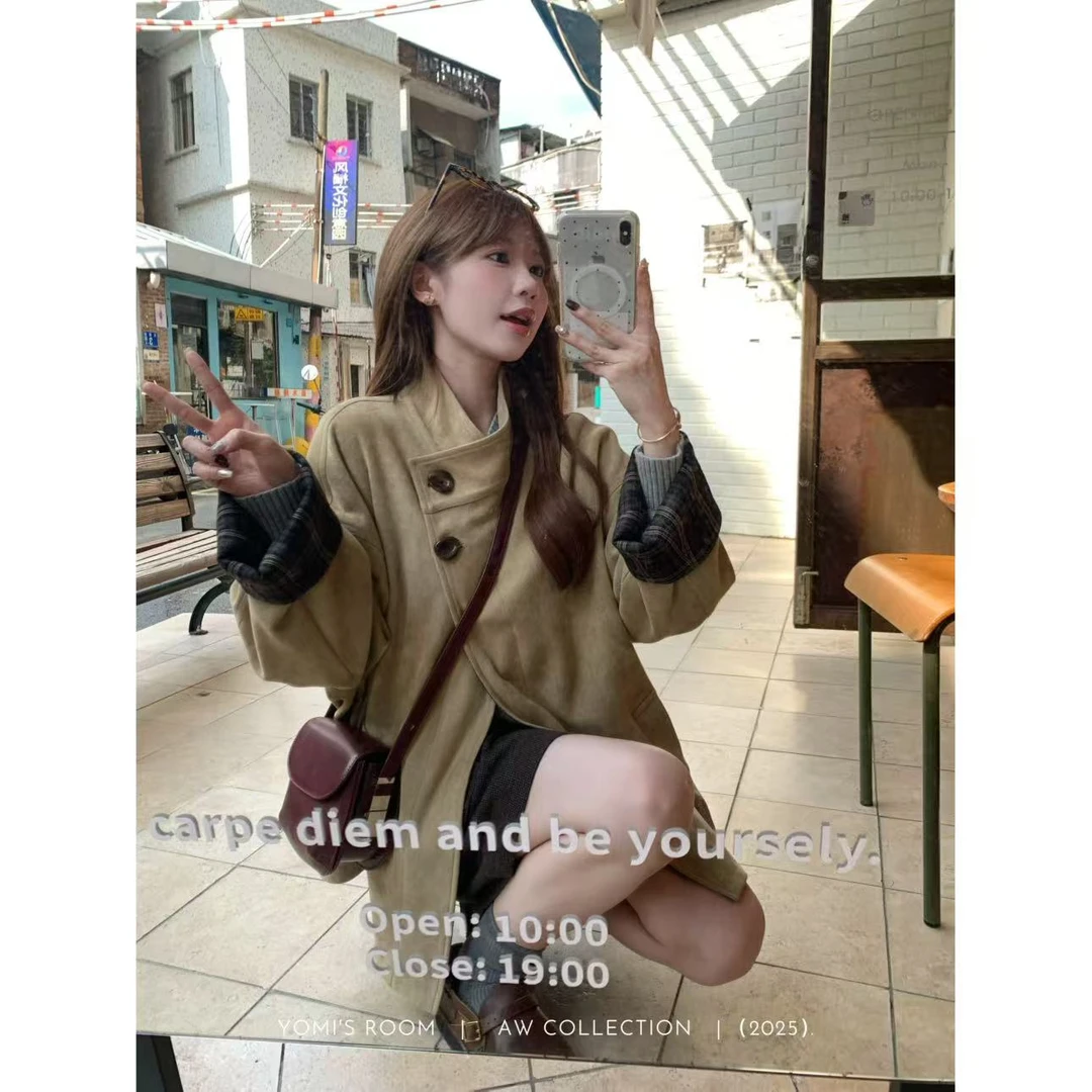 YOMI小个子【秋风香草】麂皮韩版休闲百搭秋季卡其色短外套显瘦宽松