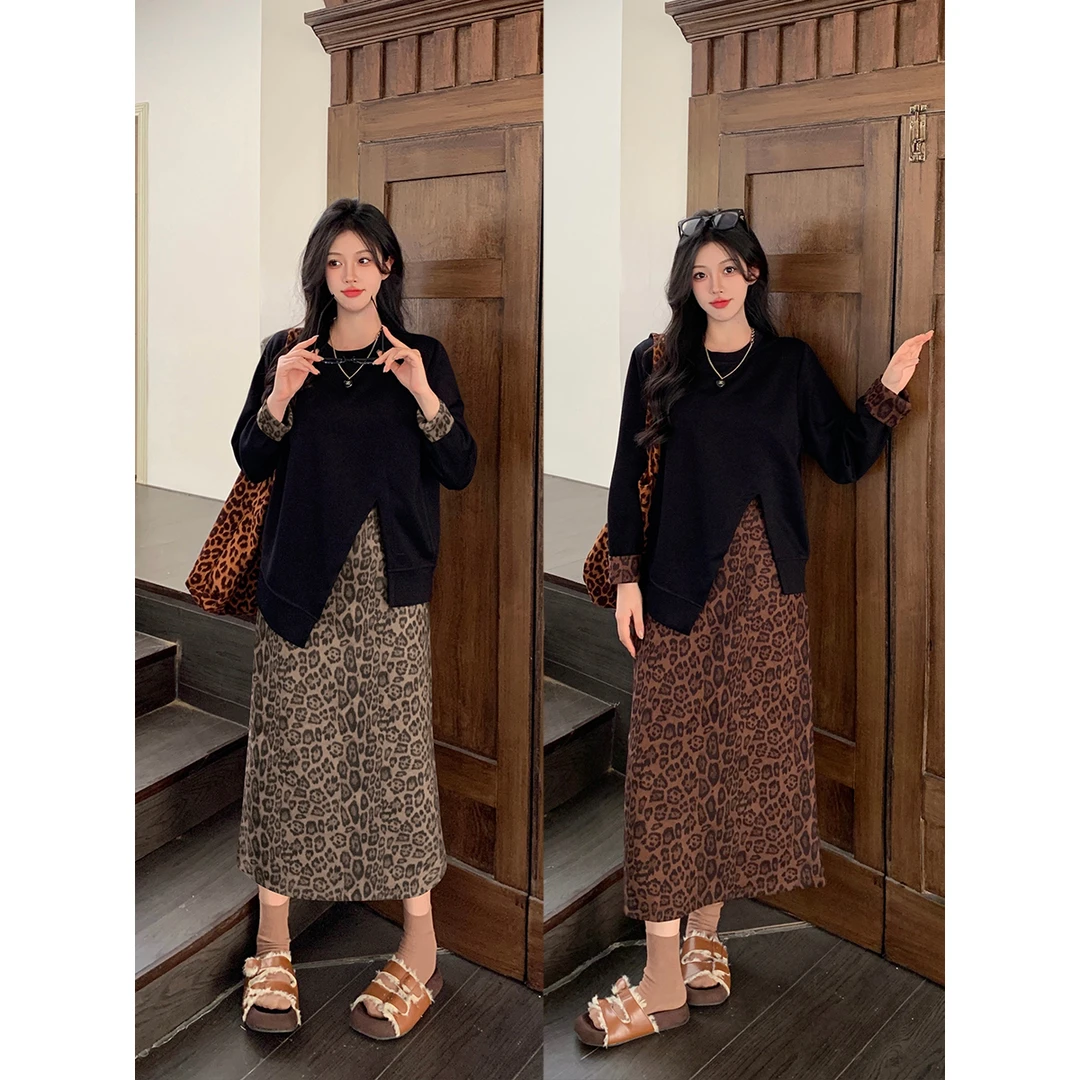 大码女装韩系套装女秋季不规则上衣遮肚显瘦豹纹裙子两件套