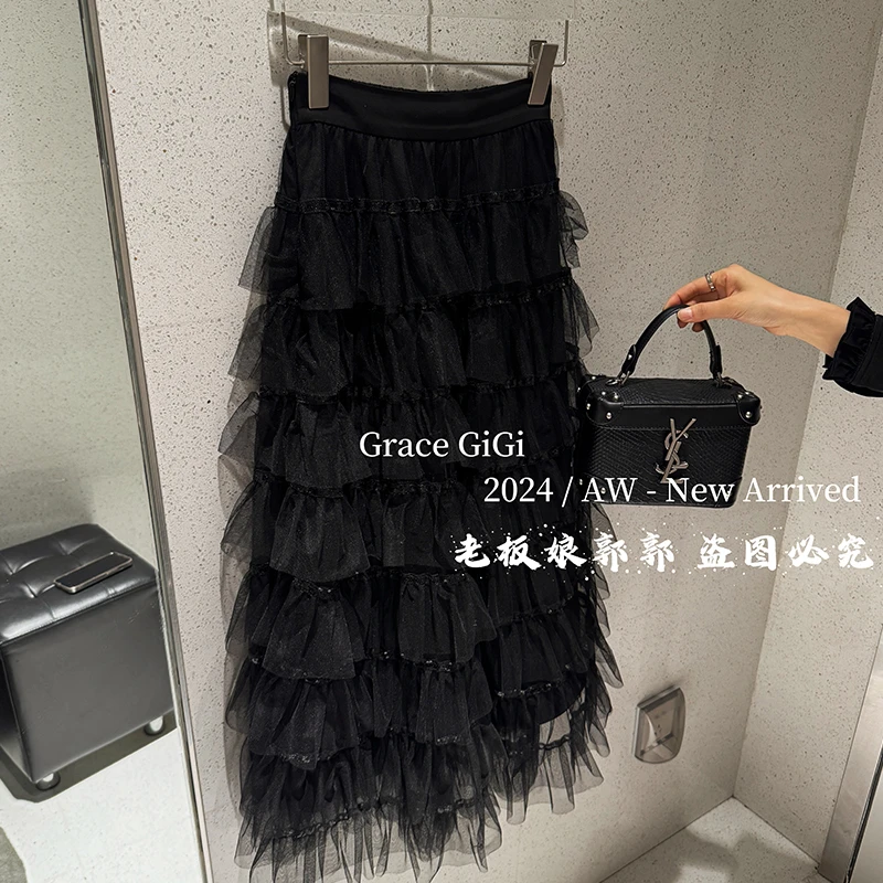 【天鹅舞曲】 2025重工显瘦黑色蛋糕裙女半身长裙