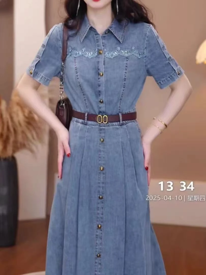 F084高级简约牛仔礼服裙2025新款夏季新款绑带收腰显瘦减龄连衣裙