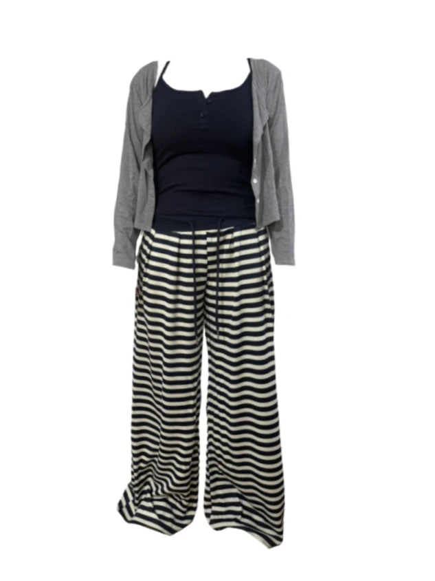 【Amy家】微胖mm纯欲风时尚套装女防晒开衫+条纹背心+休闲裤三件套