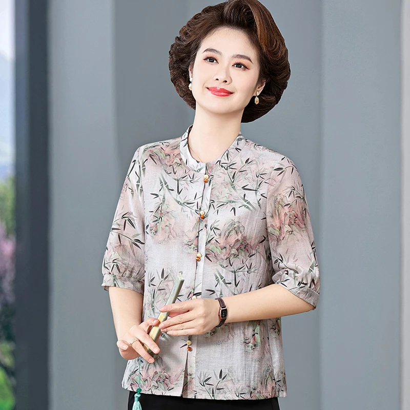 中老年女装妈妈夏装薄款衬衫老年人七分袖衬衣中年气质中袖上衣服