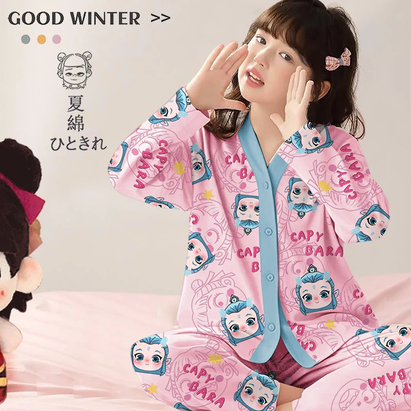 儿童睡衣女童夏季春秋款纯棉全棉小女孩中大童家居服哪吒2025新款