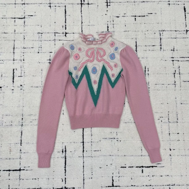 99新 MIU MIU/缪缪 珍珠蝴蝶结粉色棉羊毛毛衣 36码 1344