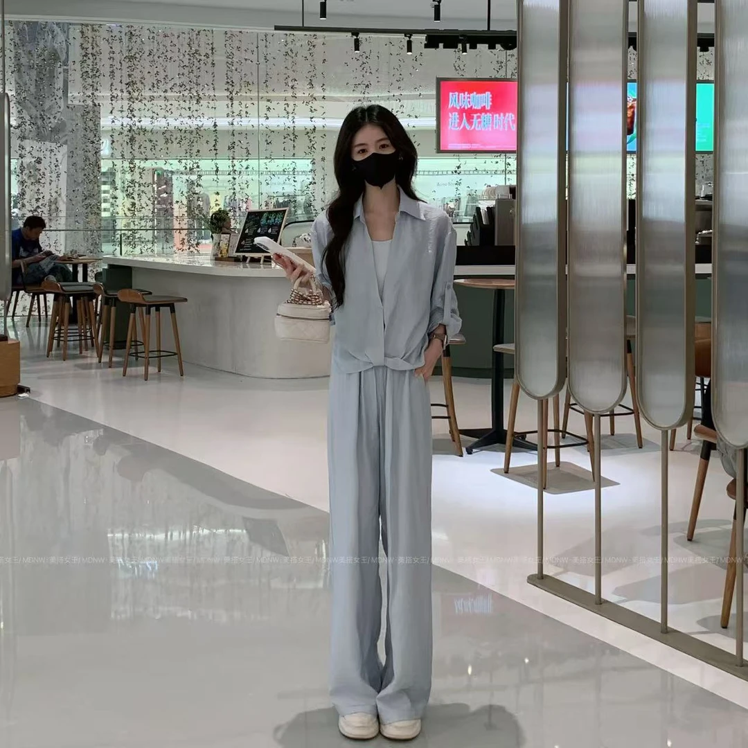 【三件套装】春季新款防晒运动打结衬衫上衣+背心+裤子套装TZ2059