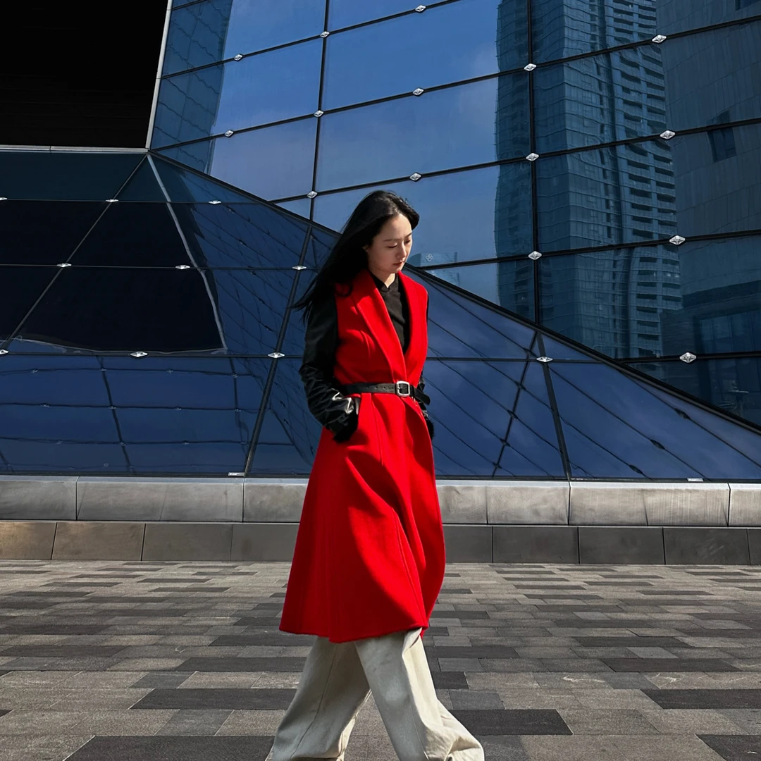 时尚复古羊皮袖羊毛双面呢可甜可盐气质显瘦中长款大衣