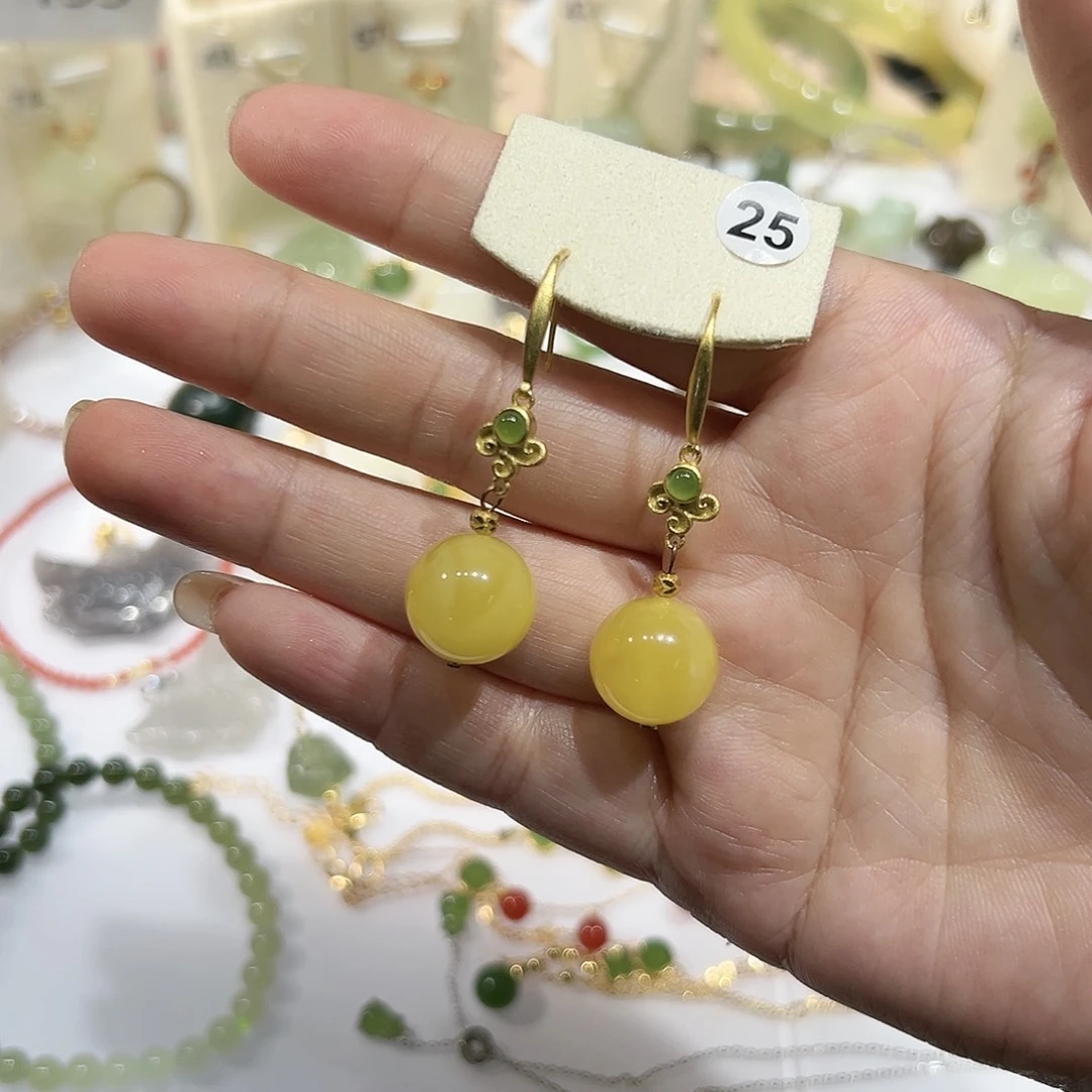 琥珀银S925镶嵌耳饰