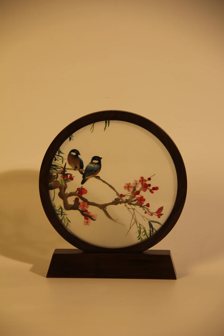 纯手工花鸟胡桃木双面苏绣精品摆件客厅玄关送人必备摆件锦盒包装