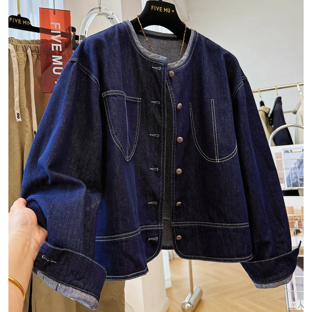 韩系高级感独特别致巨好看的圆领短款牛仔外套女秋季复古休闲夹克