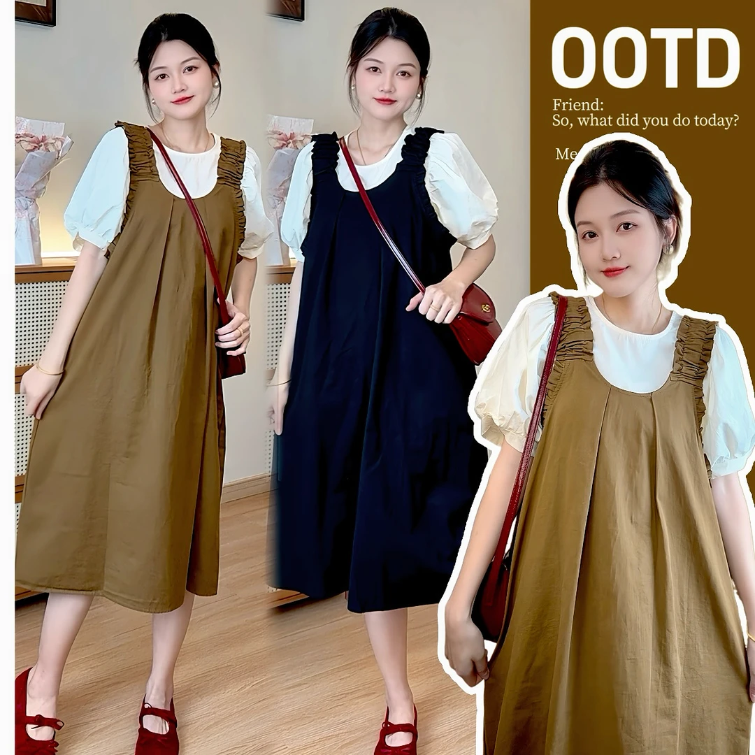 R460#3.26 夏季时尚宽松背带裙上衣两件套孕妇套装