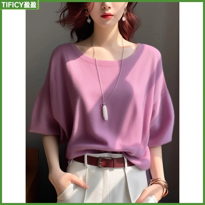 1高端t恤女士短袖2025夏季时尚宽松大码休闲薄款针织上衣l