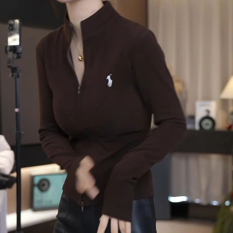 纯色拉链立领长袖T恤女开衫2025春新款简约百搭显瘦刺绣休闲上衣