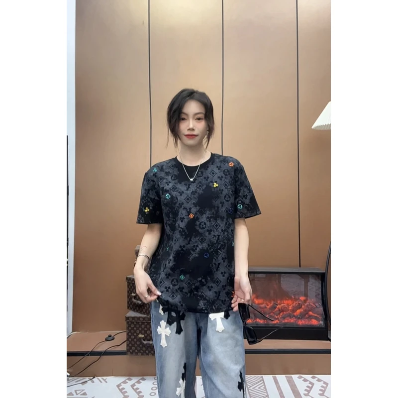 【周晚晚】2025夏季新款时尚轻奢百搭重工刺绣T恤男士圆领