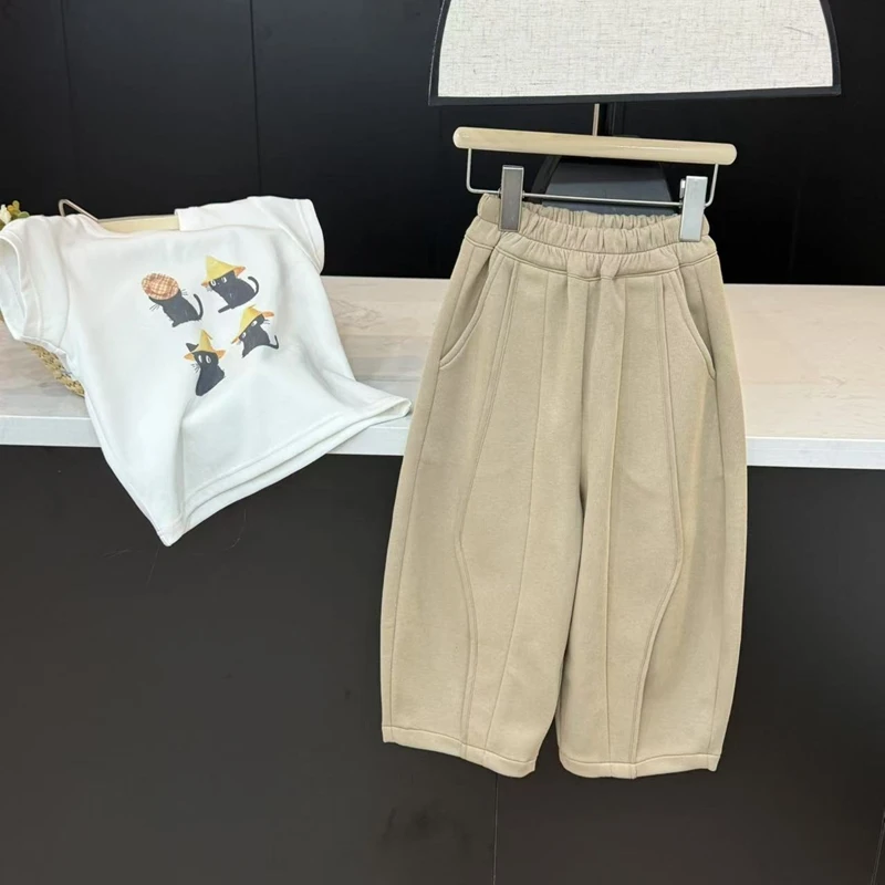 【现货】leomama女童卡其九分裤春夏宽松休闲裤时尚洋气中大童裤子