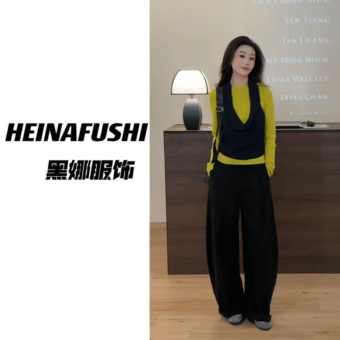 HEINA韩系别致翻腰纯色阔腿裤1081