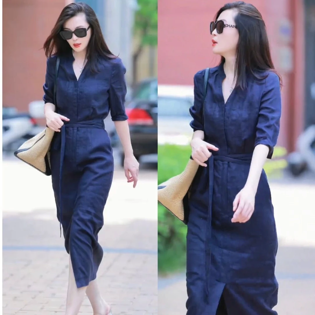 新款女领亚麻连衣裙女夏季新款收腰显瘦宽松衬衫长裙子高级感