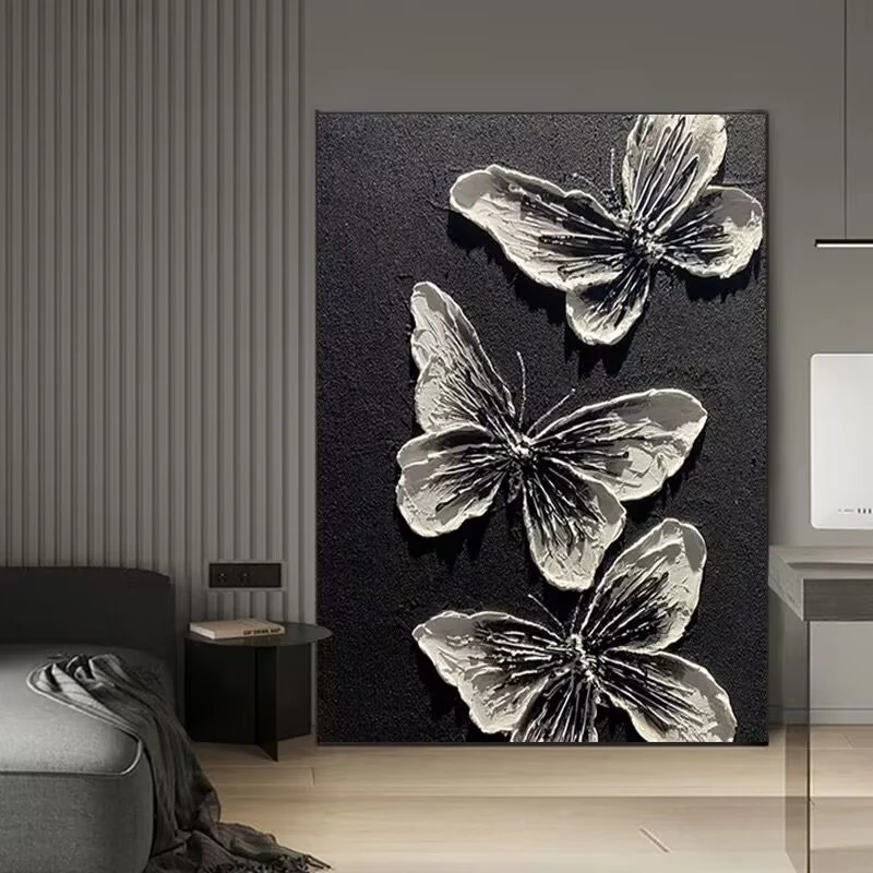 手工砂岩黑白蝴蝶抽象肌理感装饰画客厅玄关立体挂画轻奢质感