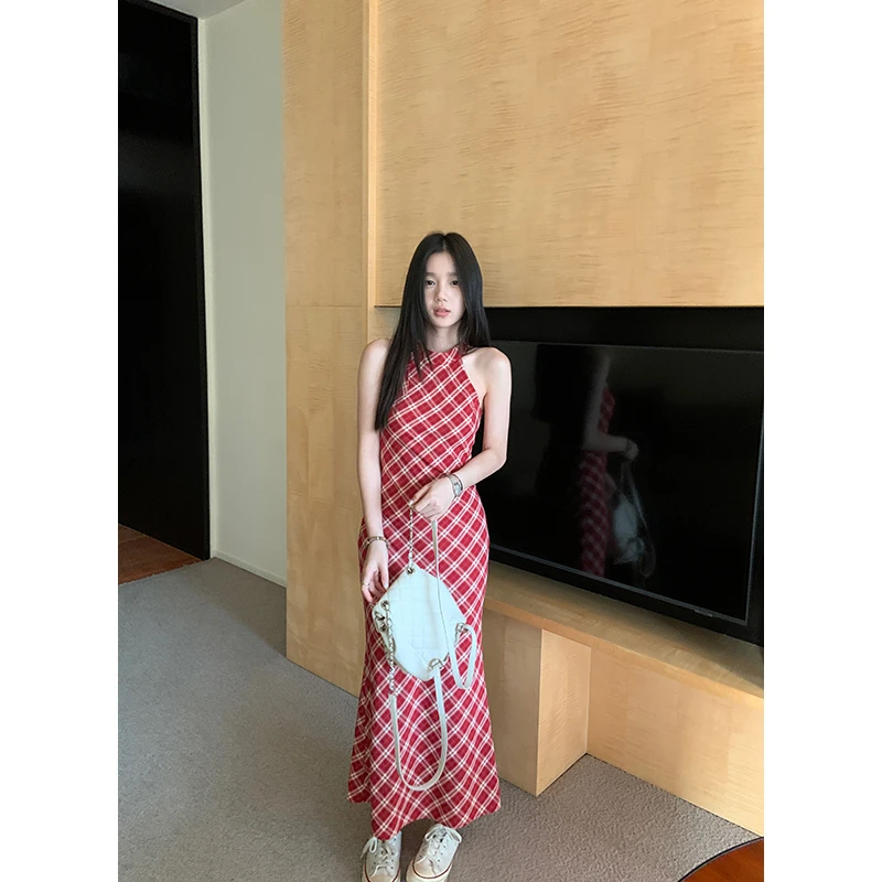 王少女的店【现】红色格纹绑带连衣裙夏季复古法式长裙 L32308S52