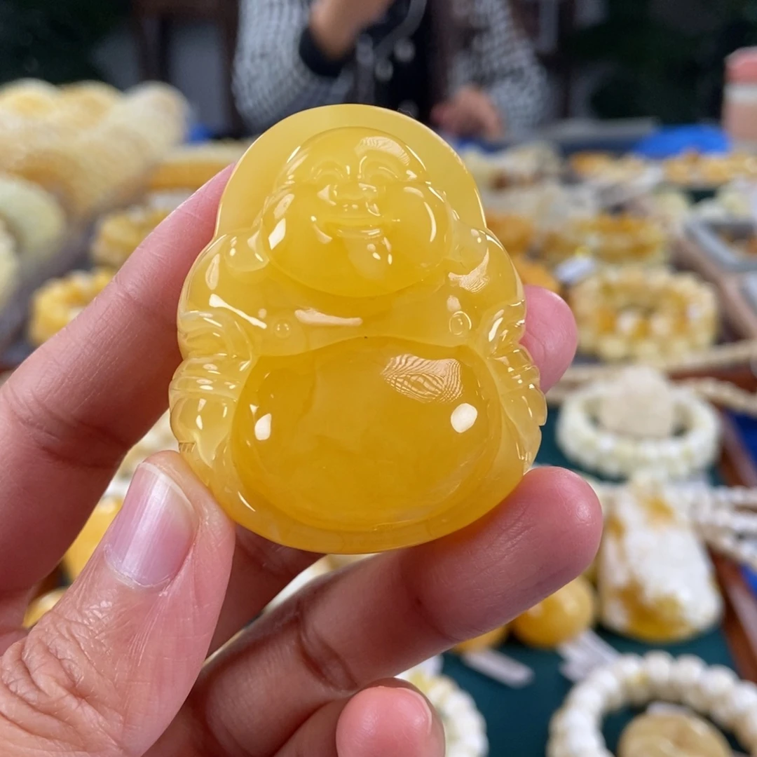 琥珀未镶嵌珠宝奇石29.22鸡油黄笑佛吊坠