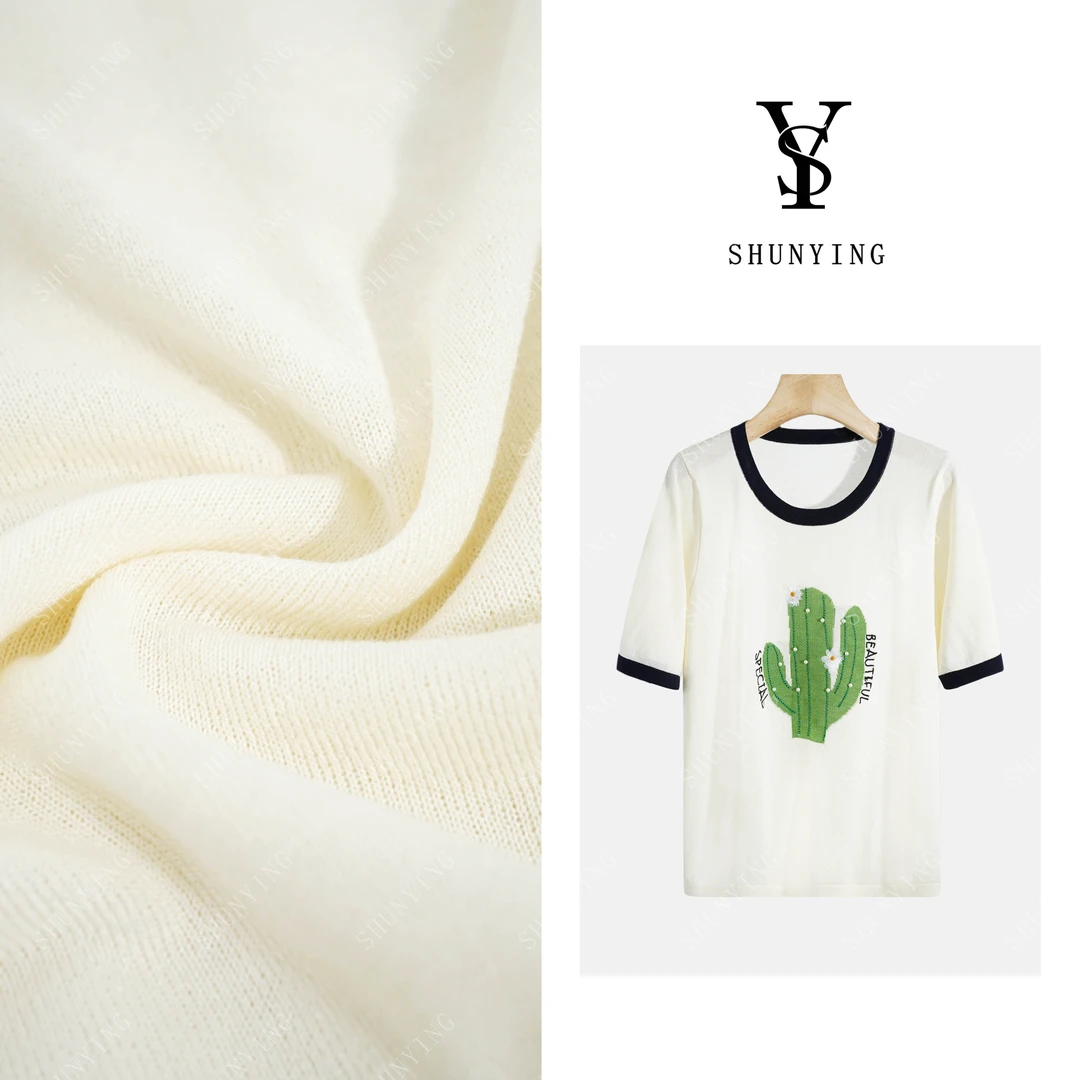 【仟娜】清爽舒适~洋气减龄撞色钉珠圆领卡通短袖T恤SY72T13919