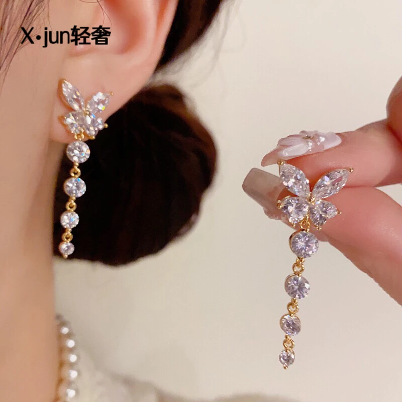 铜合金耳饰 精致时尚高级满钻蝴蝶流苏耳坠气质轻奢显瘦超闪耳饰