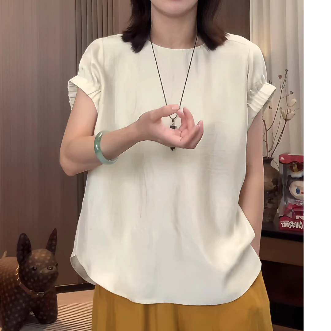 【贝壳扣】2025夏季纯色可爱风格知性风圆领短袖T恤女设计感上衣潮