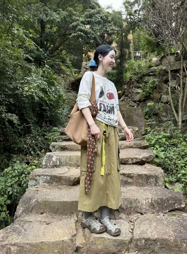 2025秋季新款美式复古花灰色数码印花短袖T恤上衣百搭半身裙套装