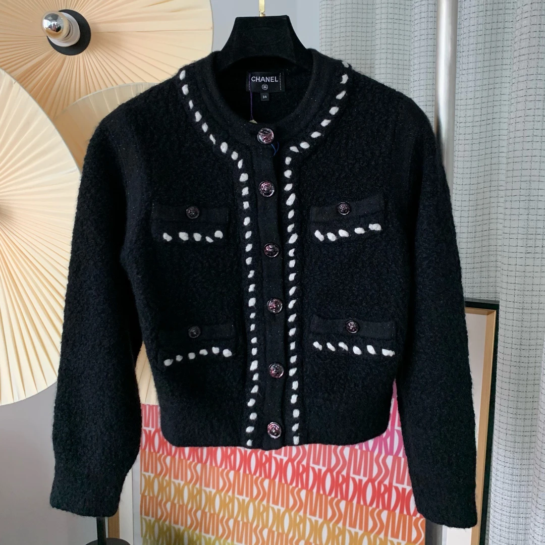 99新 Chanel/香奈儿 Chanel 黑白粗花呢滚边山羊绒针织外套 34码