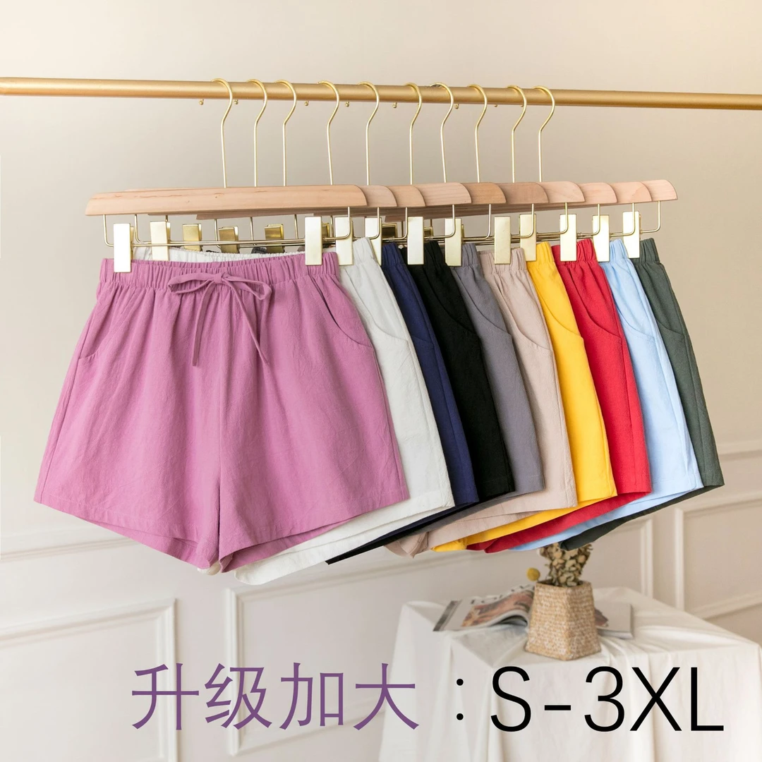 棉麻短裤黑色女夏季高腰新款外穿宽松夏装显瘦短款老钱风大码衣服