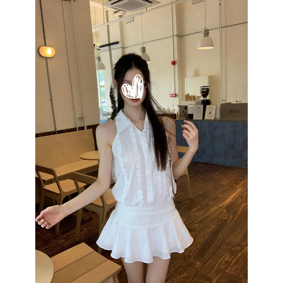 晴天有云~夏季气质甜美清新木耳边乖乖女无袖连衣裙+内搭短裤