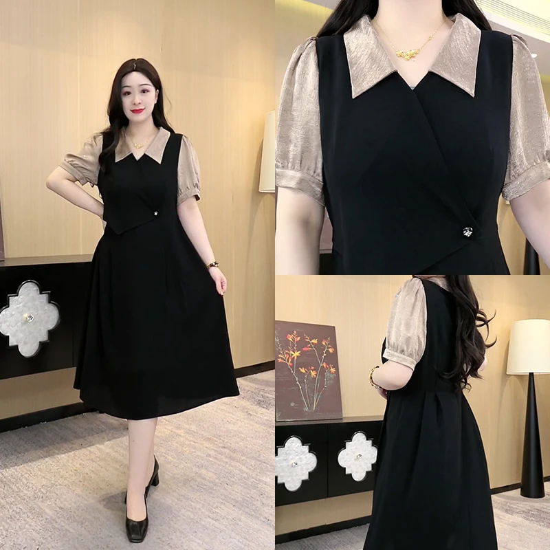 胖大盈定制大码女装连衣裙2025夏季新款短袖拼接翻领裙子250850