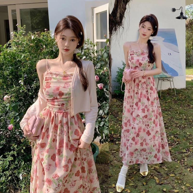 碎花吊带连衣裙女2025春夏新款法式百搭开衫收腰长款雪纺裙两件套