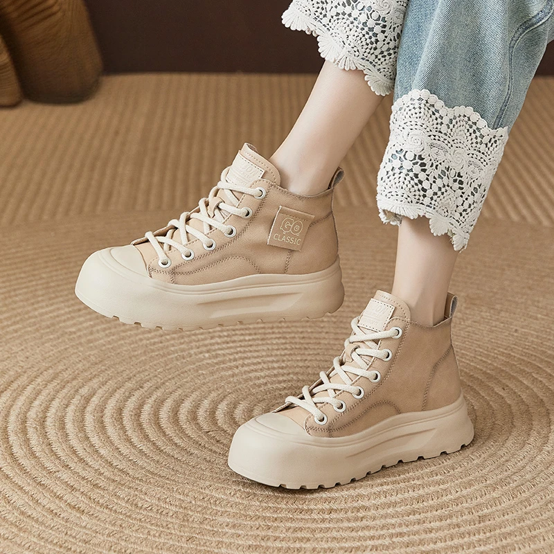 真皮高帮鞋女2025秋新款爆款舒适厚底百搭旅游头层牛皮休闲鞋板鞋