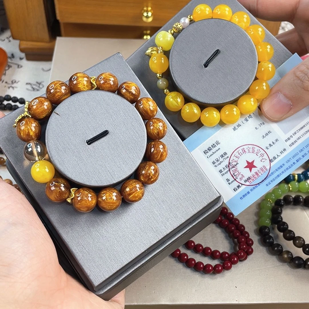 琥珀手饰银S925镀金镶嵌