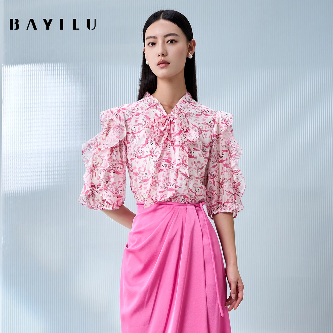 【毛毛专属】芭依璐夏季衬衫女蝴蝶结印花百搭上衣90C1926