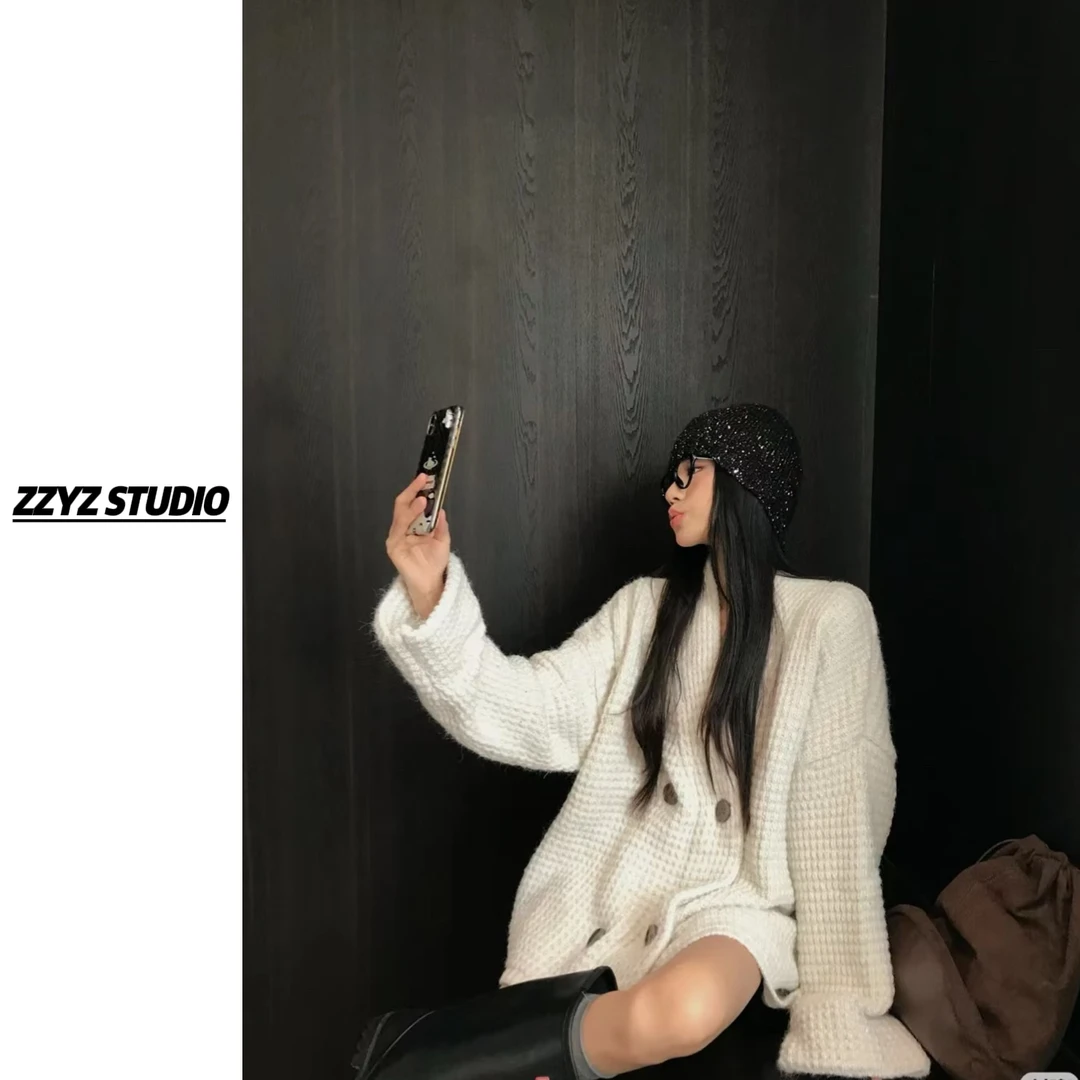 【ZZYZ】“华夫饼干”韩系气质高级感双排扣软糯华夫格亮丝毛衣开衫