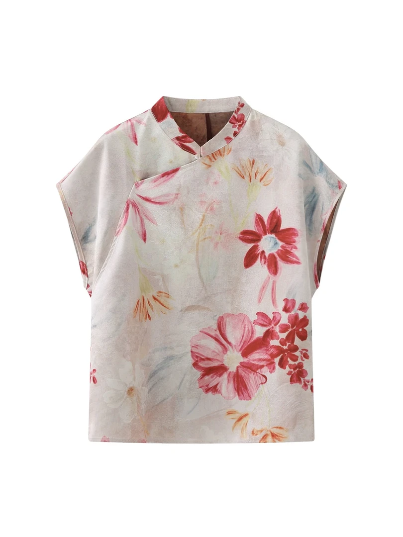 新中式丝缎飞袖上衣女2025夏季新款国风立领