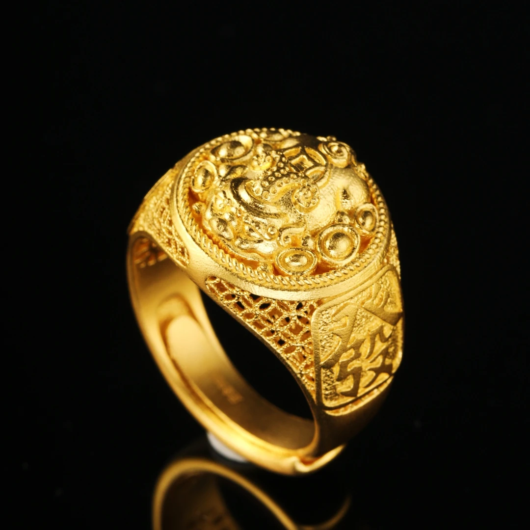 999足金活口可调节男士古法工艺霸气时尚精品聚宝盆貔貅黄金戒指