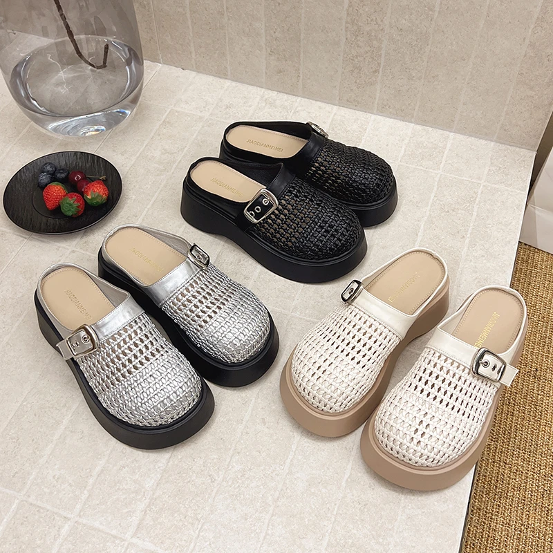 2025夏季新款厚底增高透气镂空包头拖一脚蹬女士休闲凉鞋