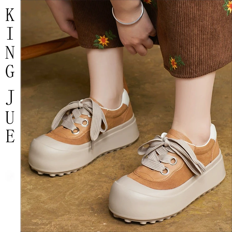 【王爵】真皮平底中跟圆头复古女鞋 系带百搭百搭户外日常 半年可穿