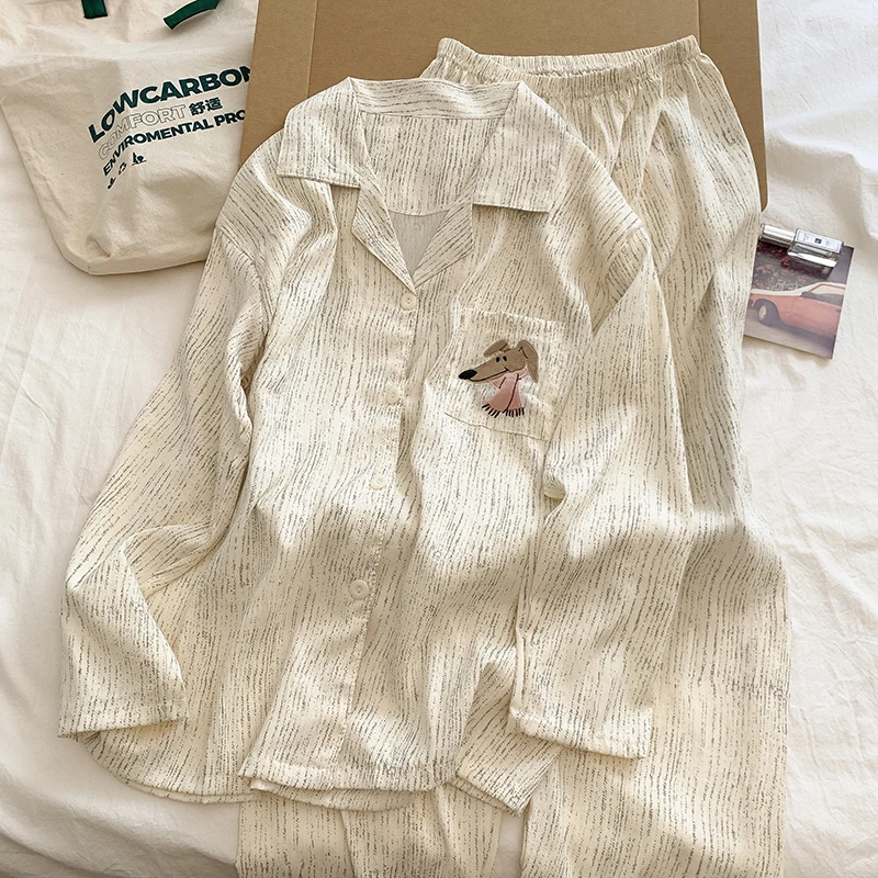 韩系ins新款简约风卡通小狗睡春秋季睡衣女长袖长裤少女家居服