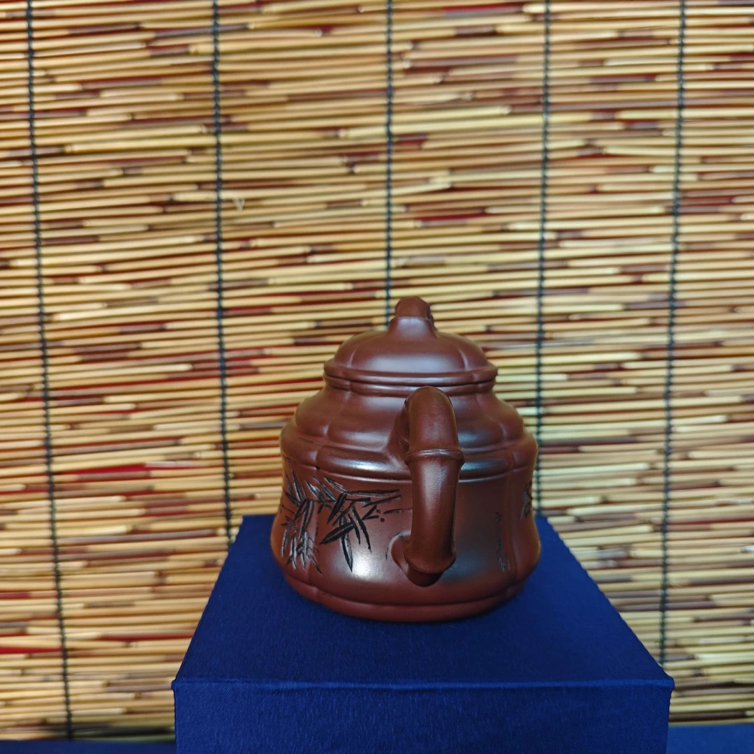 DT1136竹影双线竹鼎龙血砂全手工紫砂壶