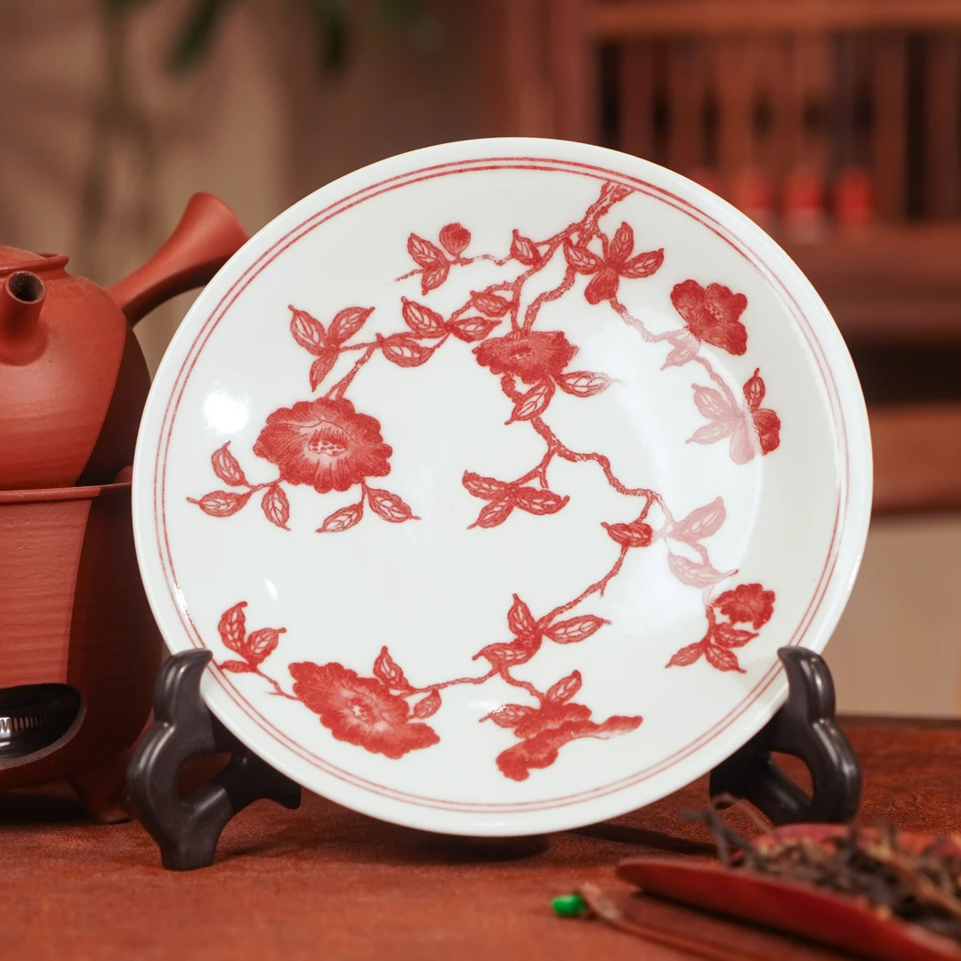 正德御窑亦然堂创意手绘釉里红牡丹壶承釉下彩茶具中式茶道纯手工
