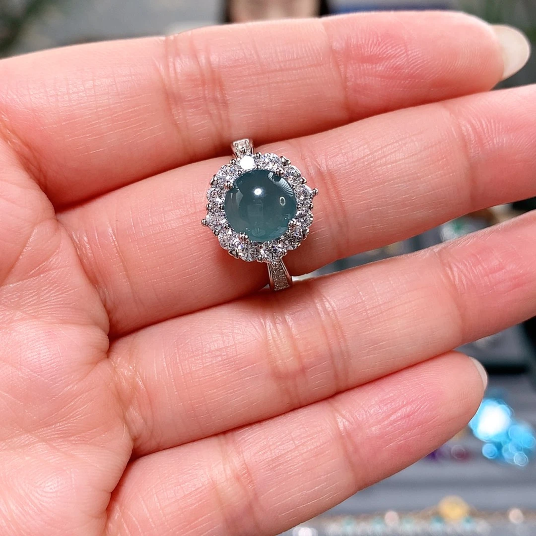 翡翠银S925镶嵌戒指方圆戒指