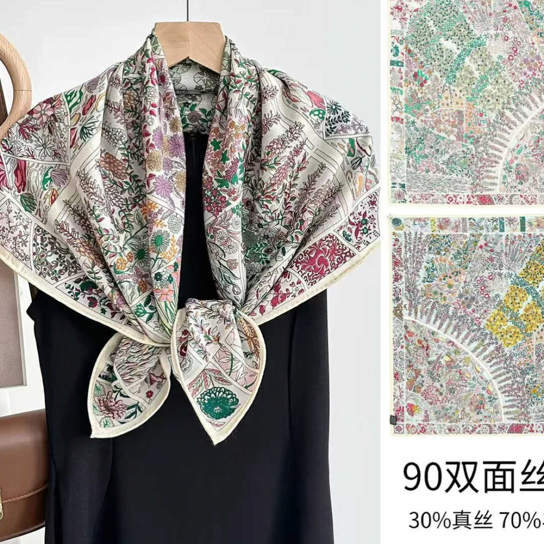 莫奈花园 30%桑蚕丝70%羊绒 双面异色 85x85cm丝毛方巾 手工卷边