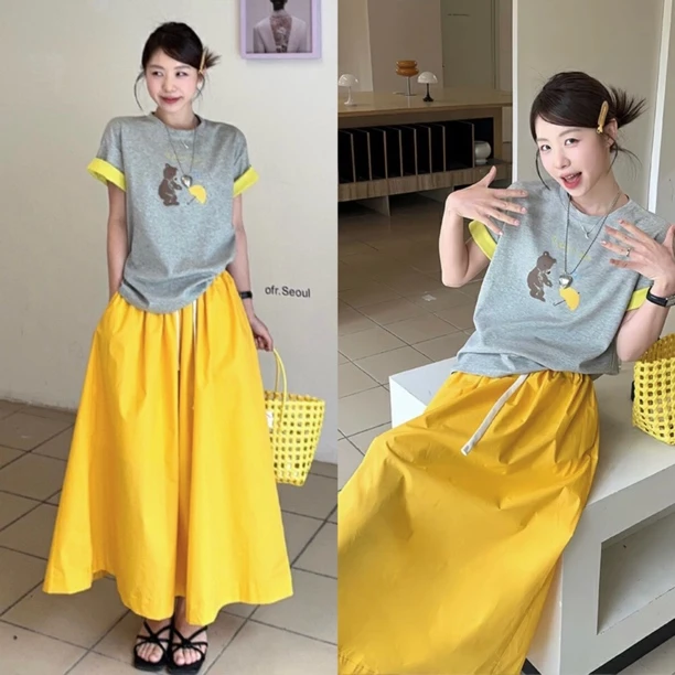 2025春夏新款百搭撞色小熊圆领T恤松紧腰抽绳半身裙两件套A1278